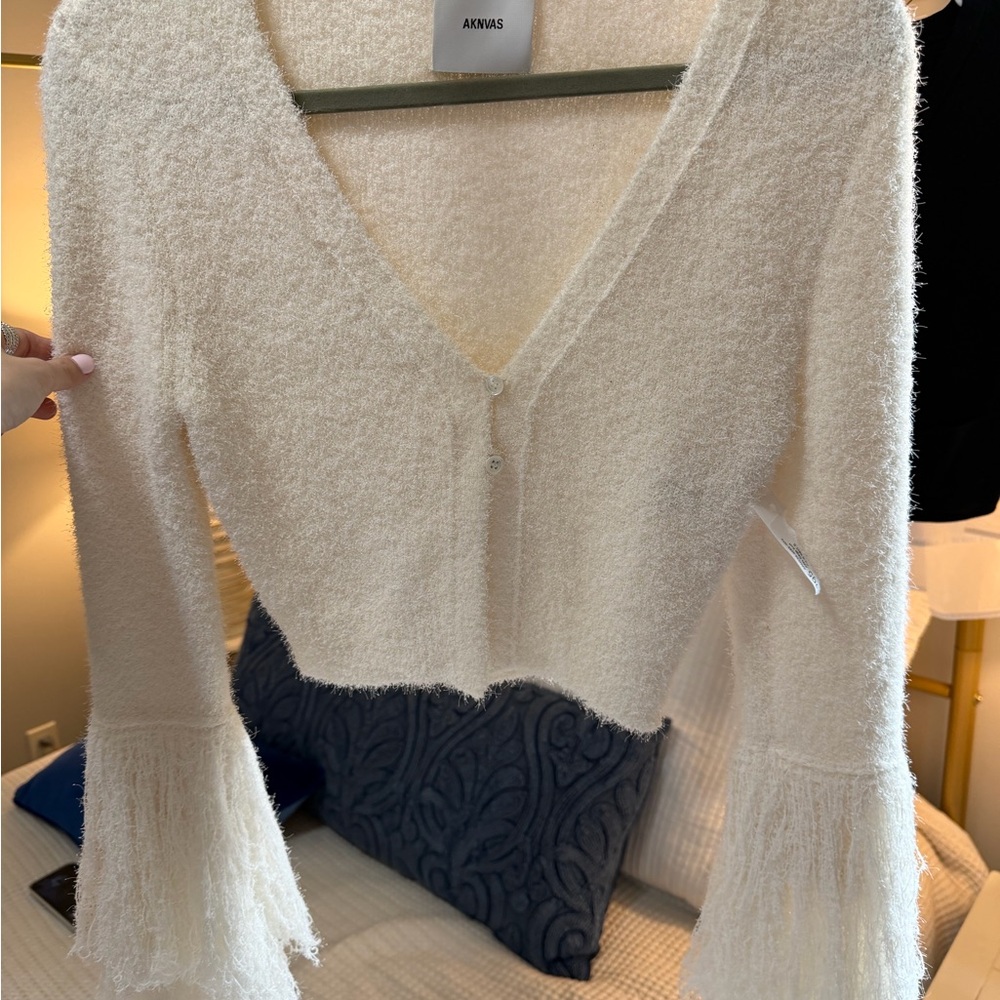 Aknvas Cream Fuzzy V-Neck Cropped Cardigan with Fringed Bell Sleeves